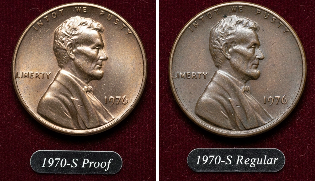 Side-by-side comparison of proof vs regular 1970-S penny