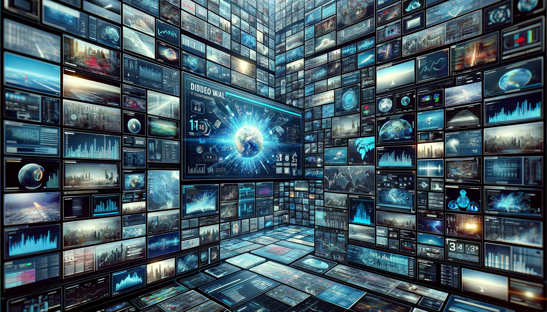 A futuristic digital concept of a video wall composed of numerous small screens, each displaying different content ranging from news feeds, stock market graphs, to abstract digital art