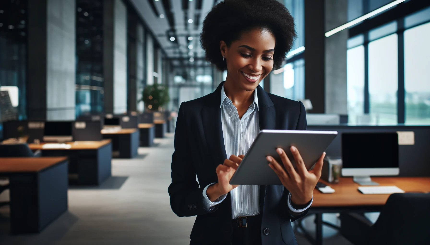 a black woman in a modern office setting, smiling while using a tablet to search for information