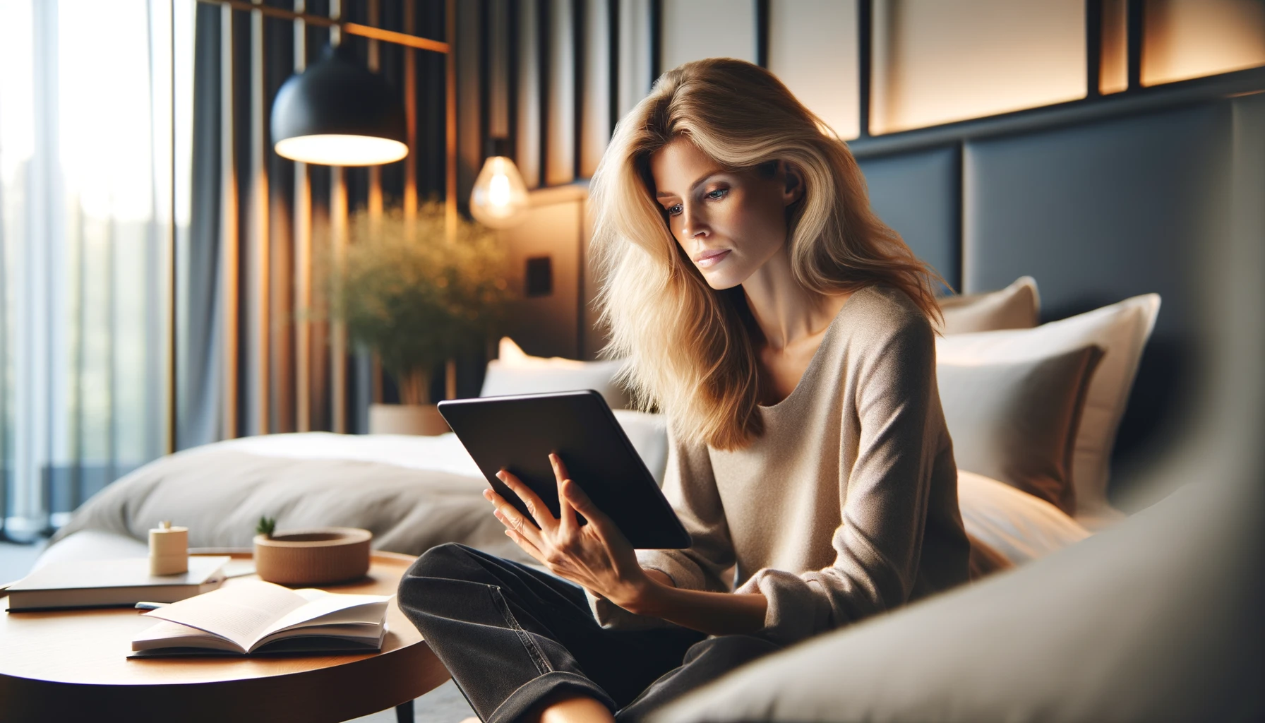 blond woman sitting comfortably in a modern bedroom. She is intently looking at an internet magazine displayed on her tablet computer, fully absorbed in the content