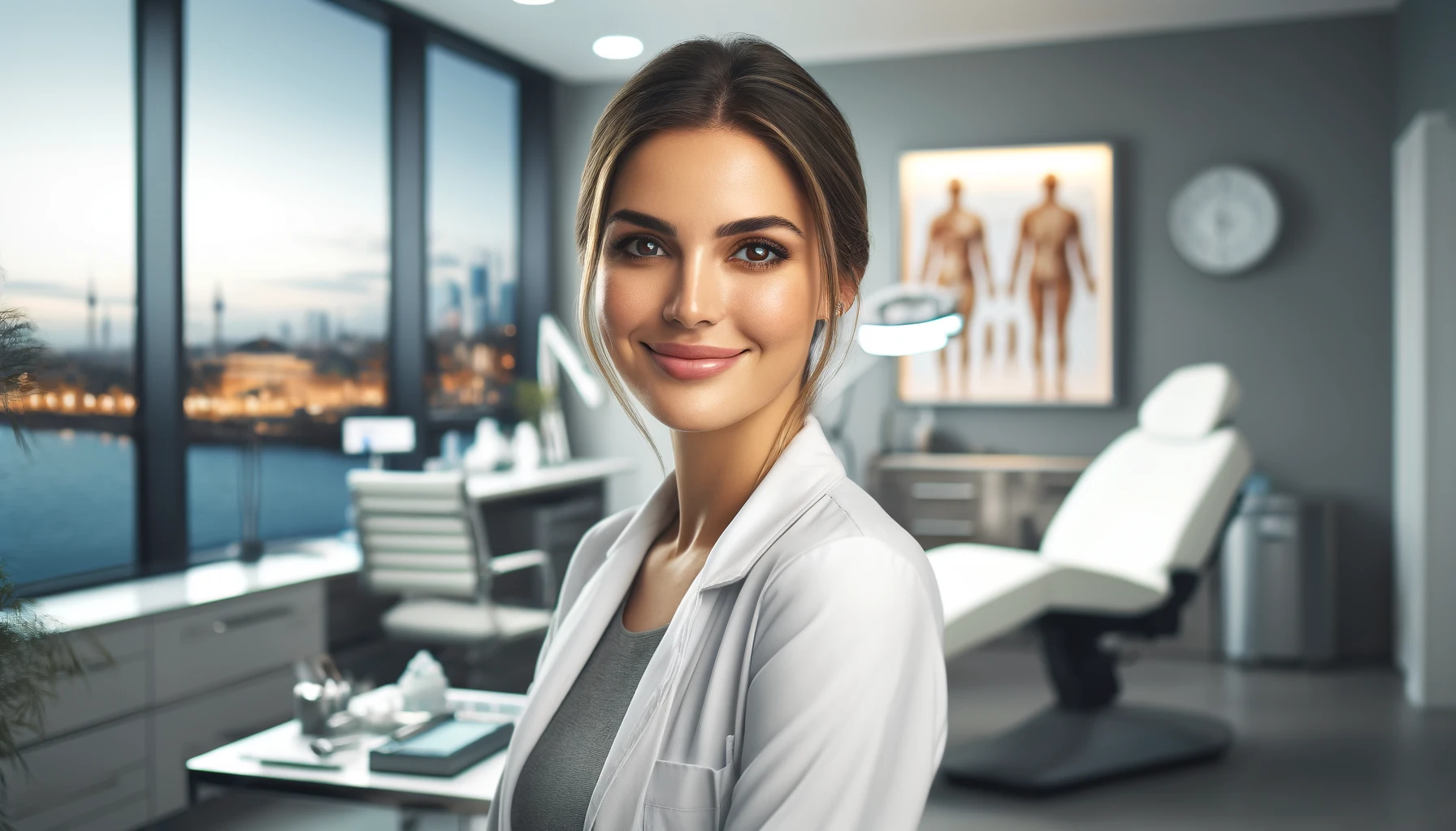 A professional and warm portrait of a woman who is a plastic surgery doctor in Turkey