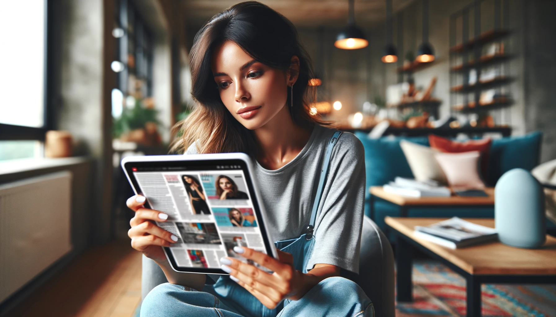 a young woman reading an online magazine on her digital tablet
