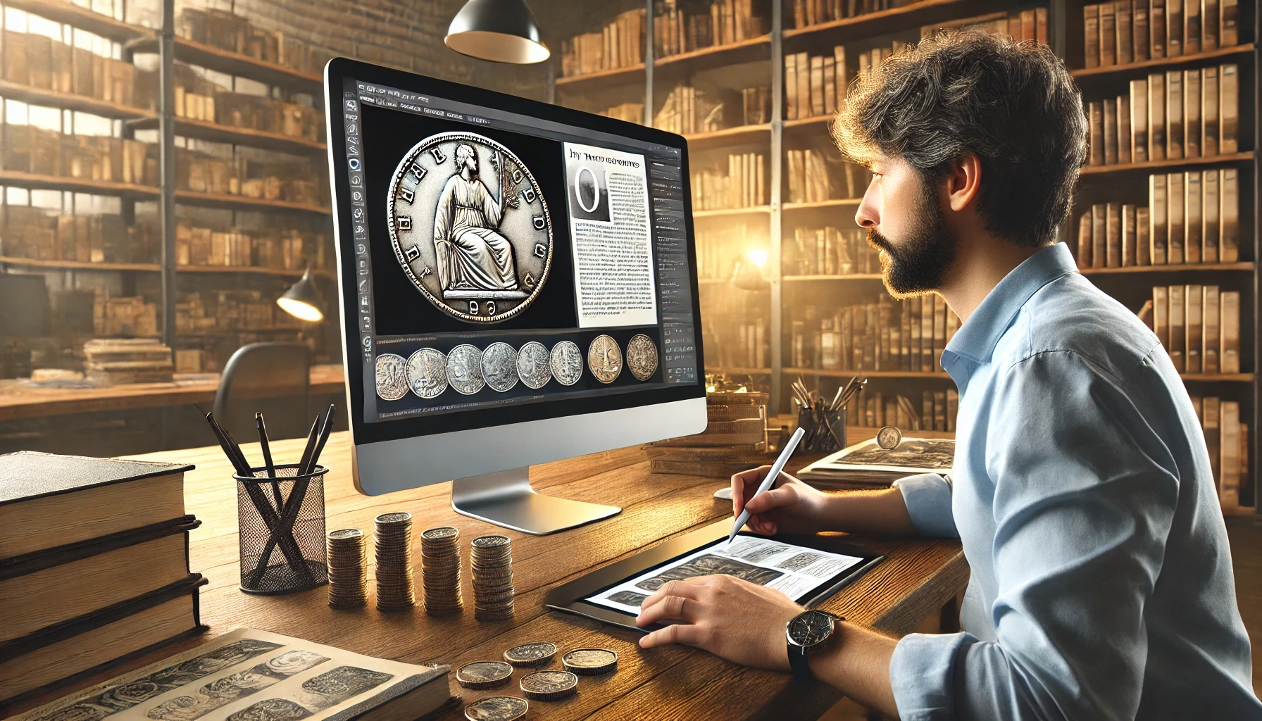 A designer is sitting at a desk and adjusting the layout of an online coin magazine on a large desktop computer.