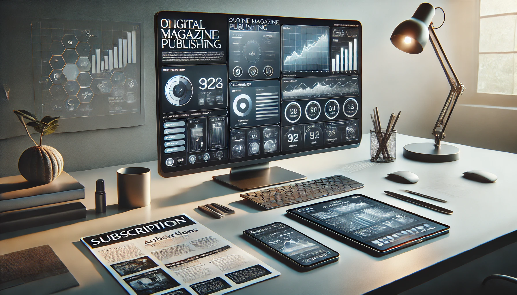 a sleek, modern workspace for digital magazine publishing.