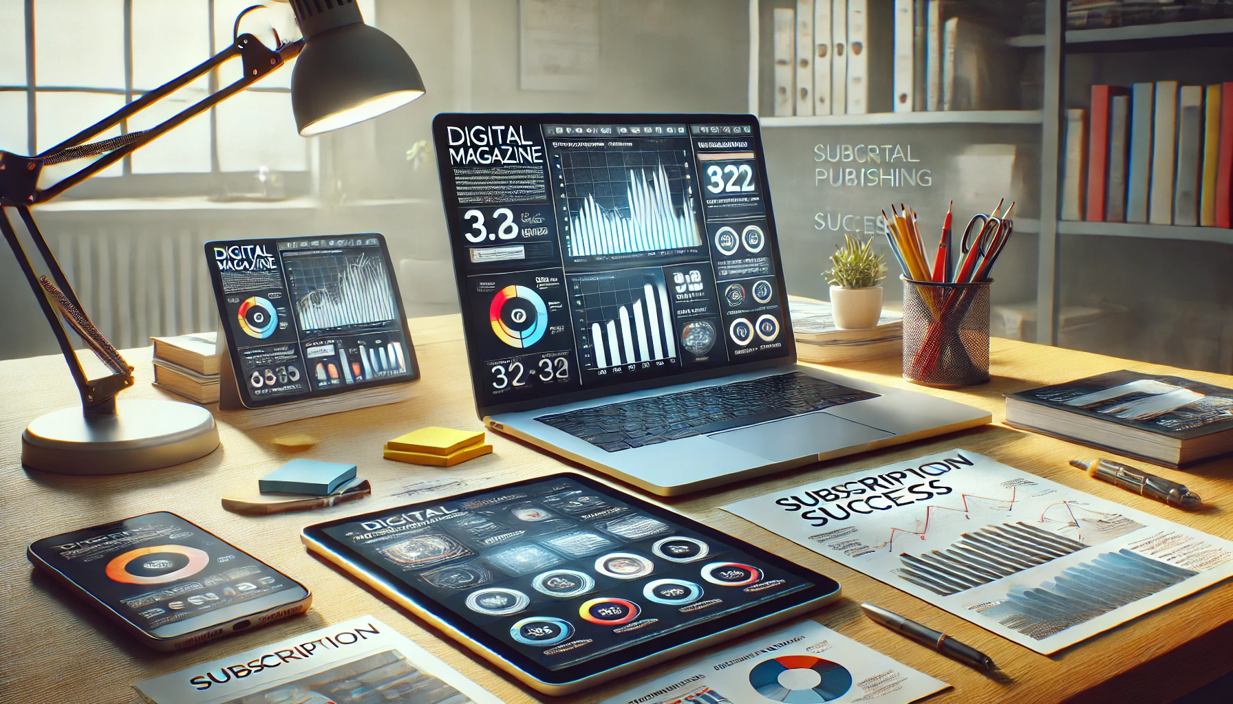 a creative workspace setup for digital magazine production.