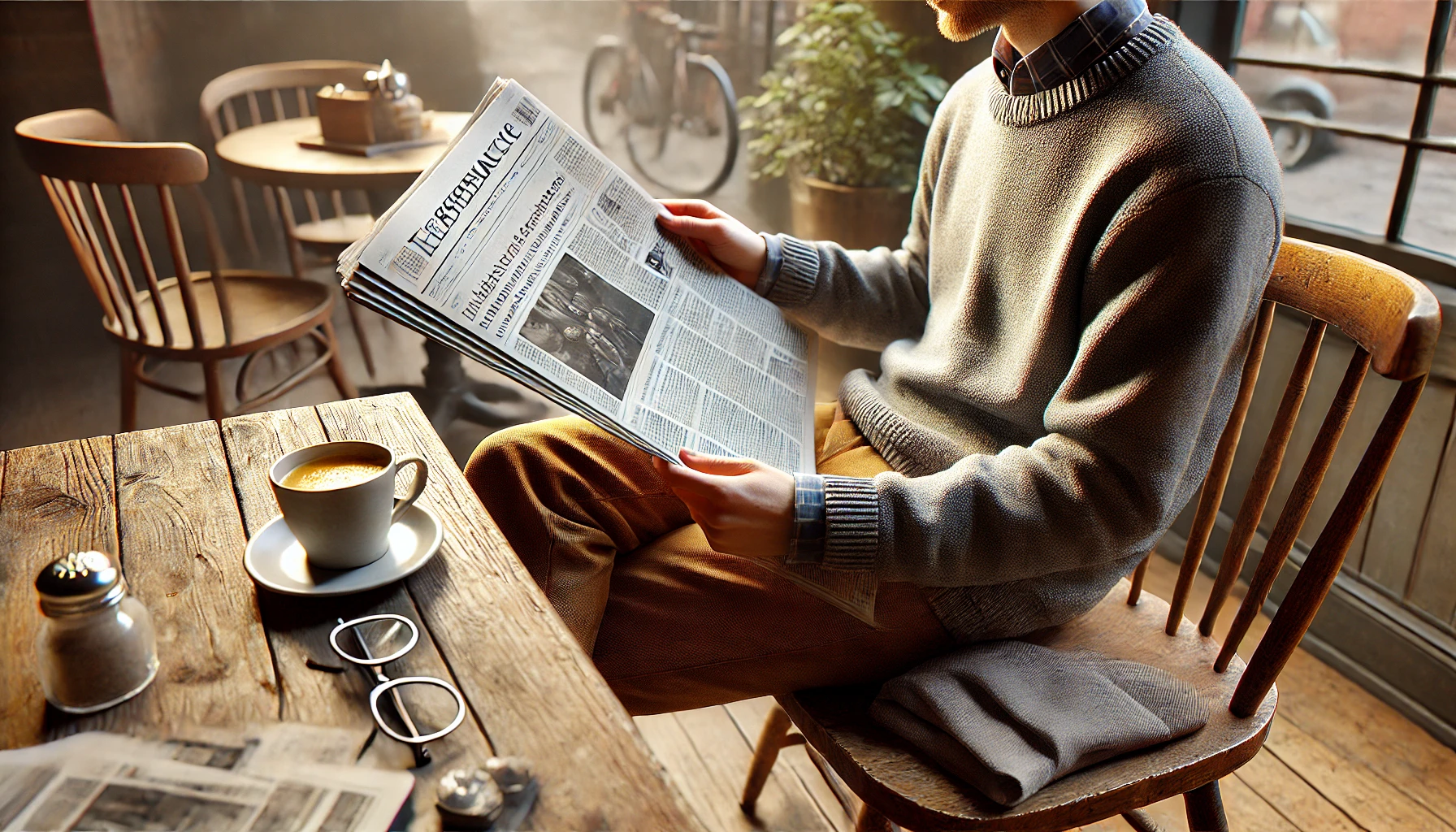 A person is sitting in a cozy café, casually dressed, and intently reading a newspaper with a cup of coffee and glasses resting on the wooden table nearby.