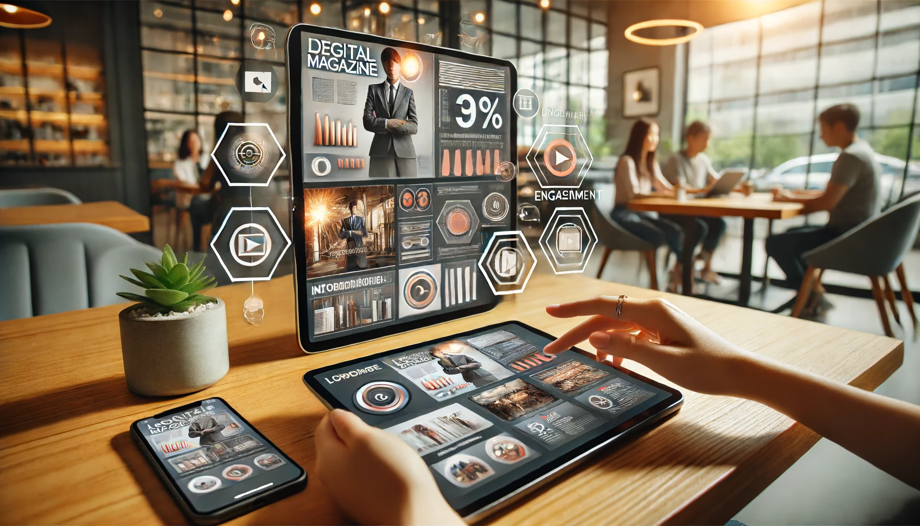 A close-up of a digital magazine being viewed on a tablet and smartphone, with interactive multimedia elements like videos and infographics displayed on the screen. The background shows a modern setting, such as a cozy cafe or a stylish office, illustrating the accessibility and engagement of digital content on various devices.
