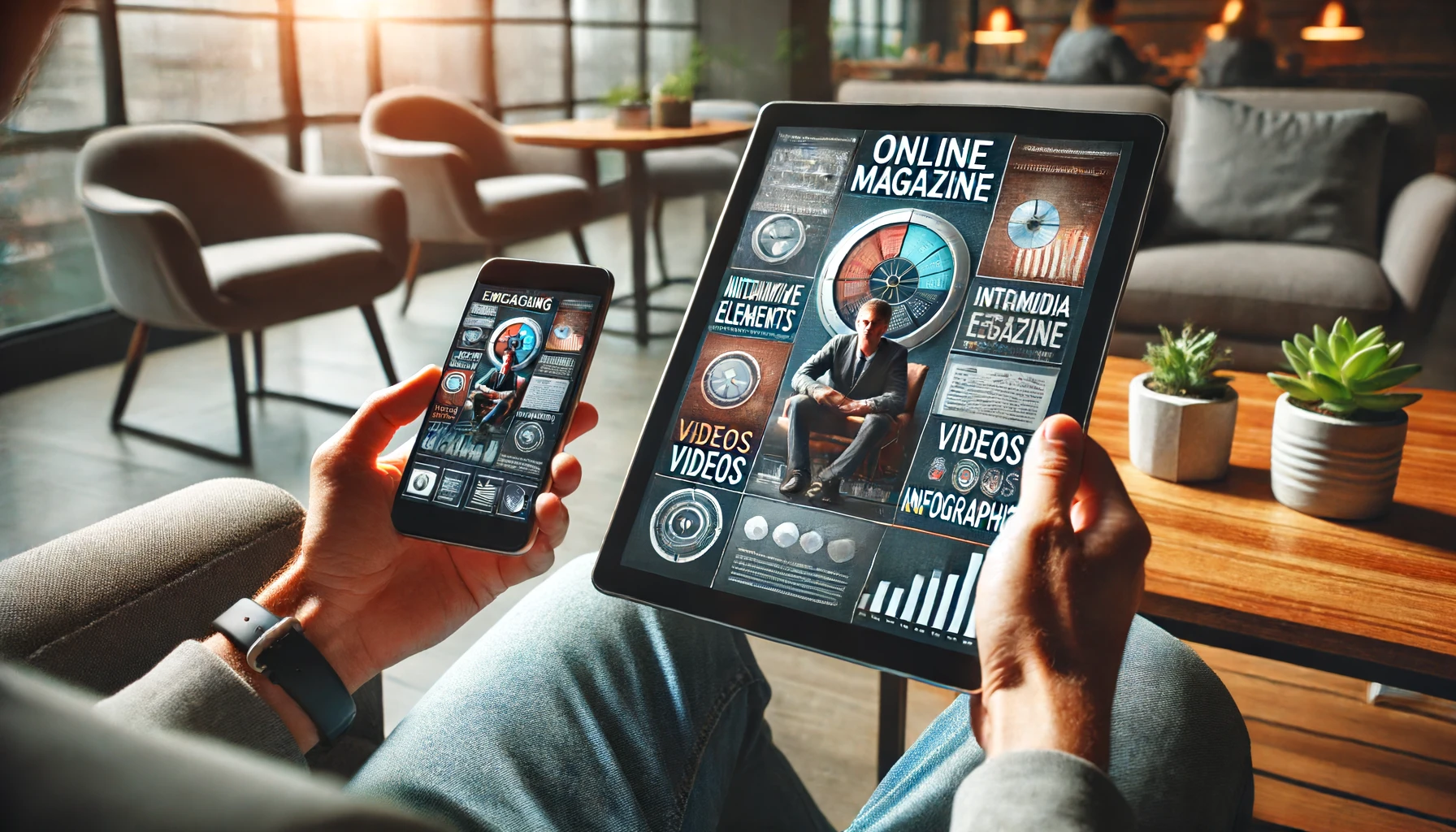 A person viewing an engaging online magazine on a tablet and smartphone, with multimedia elements like videos and infographics visible on the screens. The setting is a modern, stylish office with a comfortable seating area, highlighting the interactive and accessible nature of digital content.