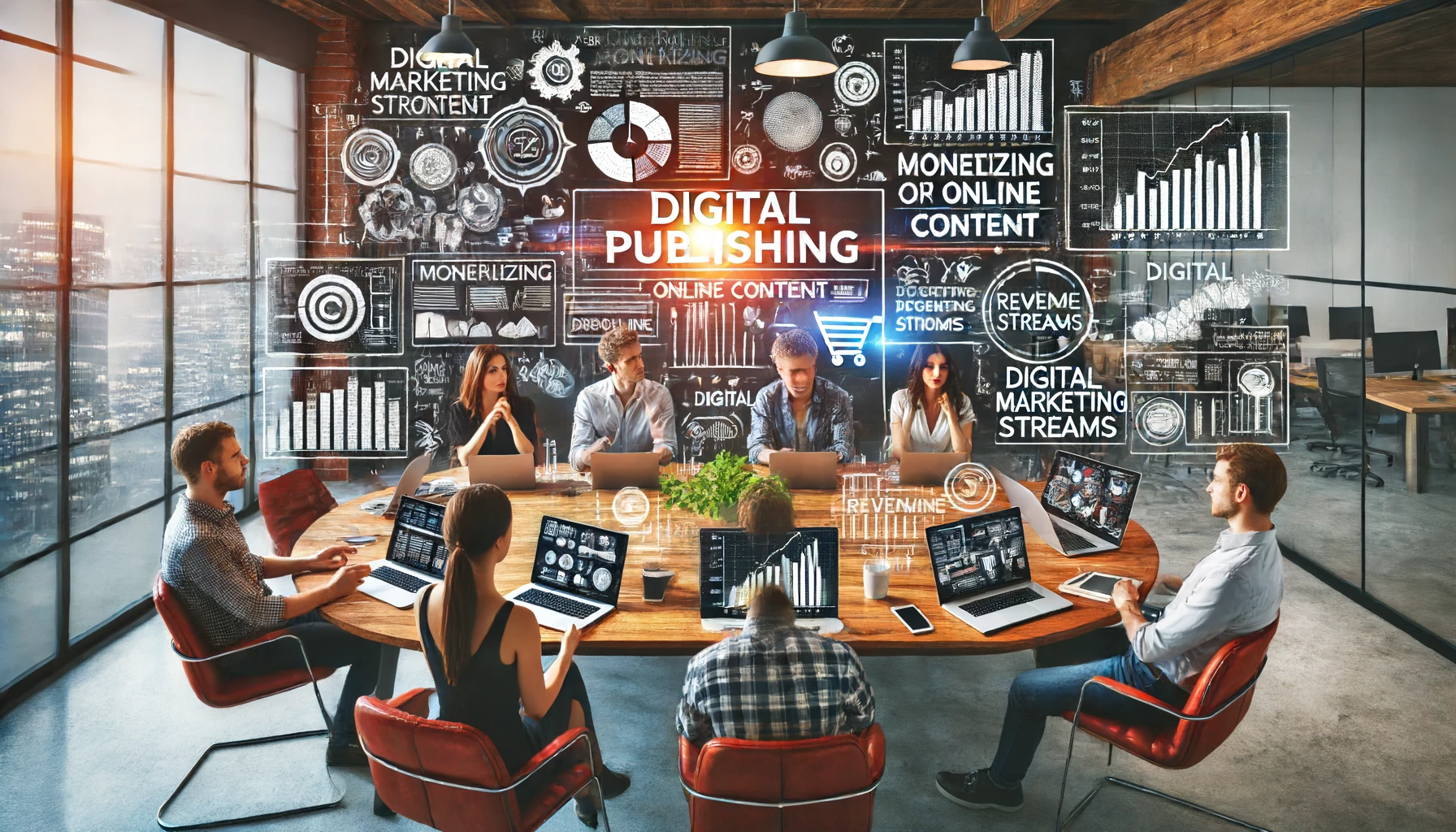A digital publishing team brainstorming in a modern office, discussing strategies for monetizing online content. The workspace features laptops and tablets displaying graphs, charts, and various multimedia content, highlighting diverse revenue streams and digital marketing plans.