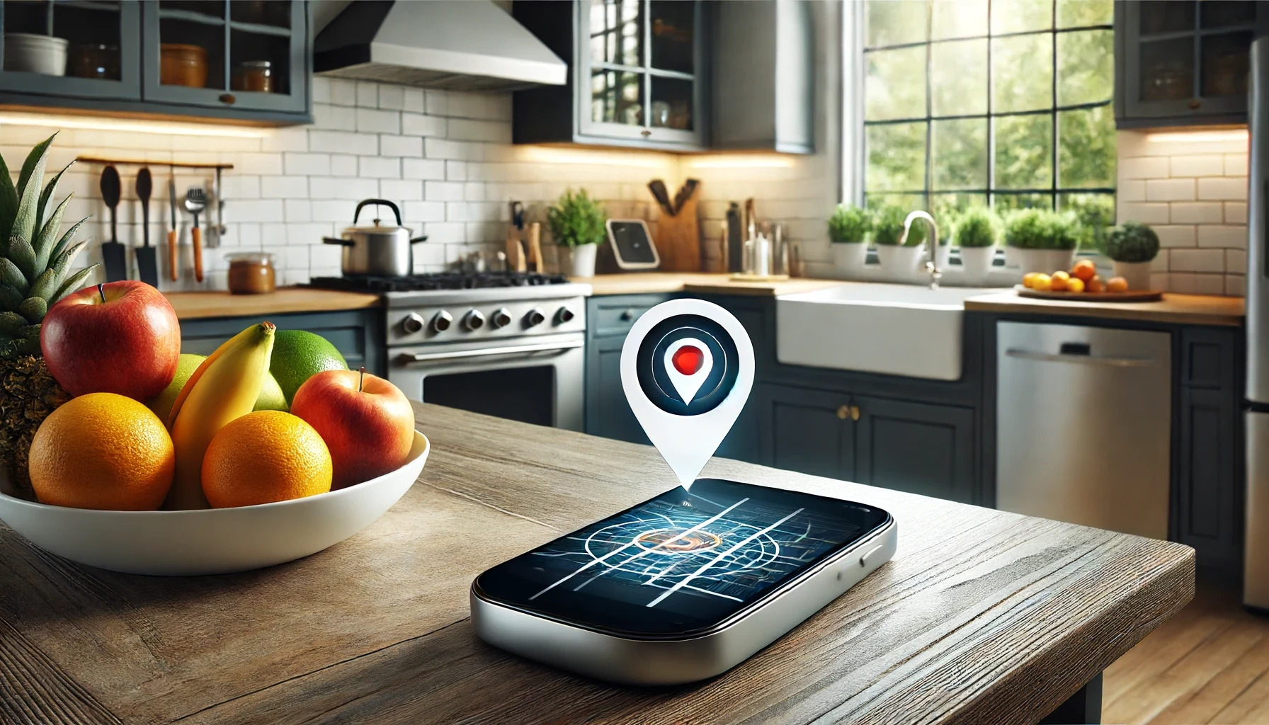 A high-tech kitchen with a smart device on the counter displaying a location tracking app.
