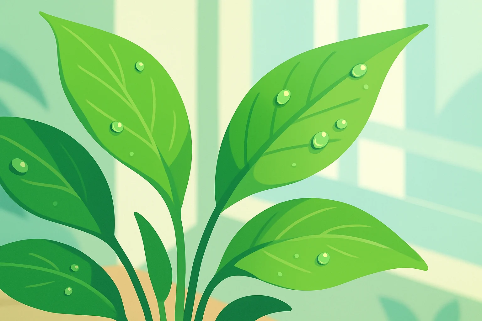 Leaves of a pot plant with a morning dew.