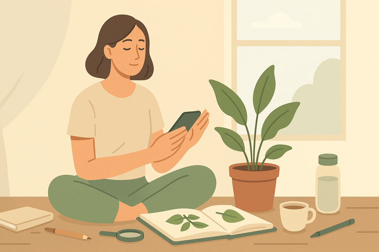 A woman calmfully sits near a plant pot and an encyclopedia.