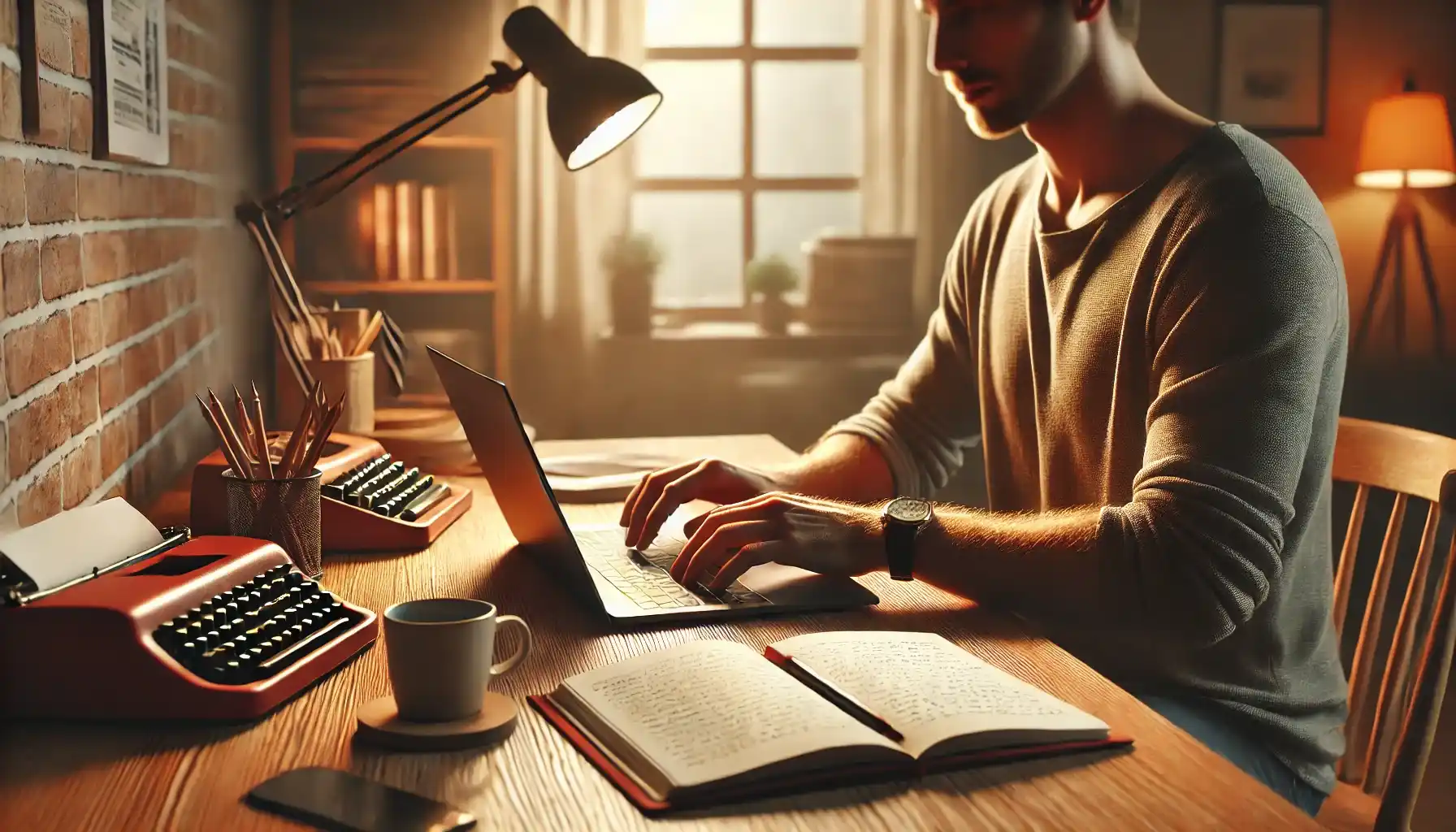 An image of a person sitting at a warm, well-lit wooden desk, typing on a laptop, surrounded by books, a steaming cup of coffee, a notebook, and a cozy intellectual atmosphere.