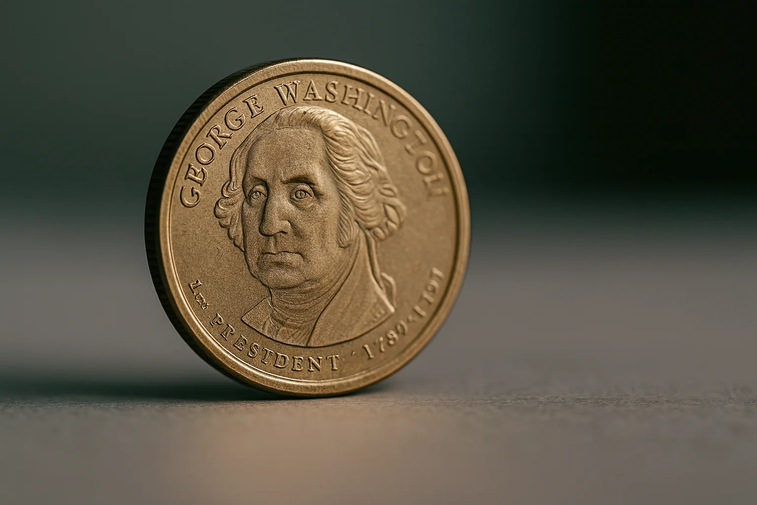 A close-up of the George Washington one dollar coin obverse.
