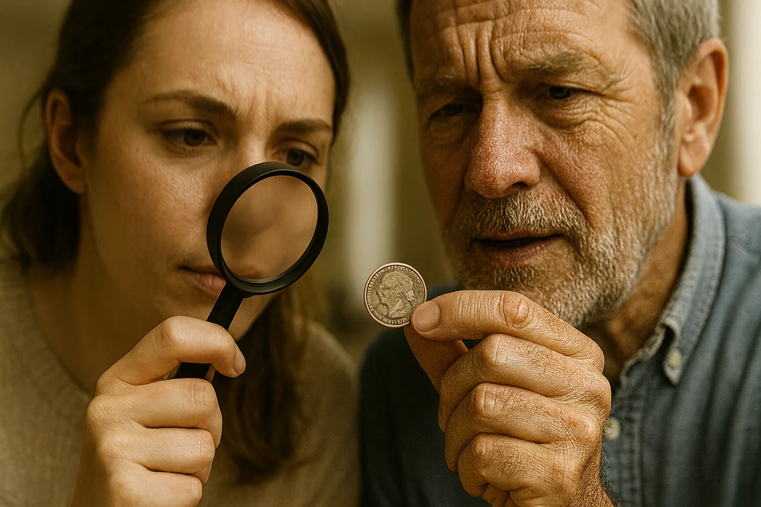 A woman and an older man carefully examine a George Washington one dollar coin with a magnifying glass, highlighting its collectible details.