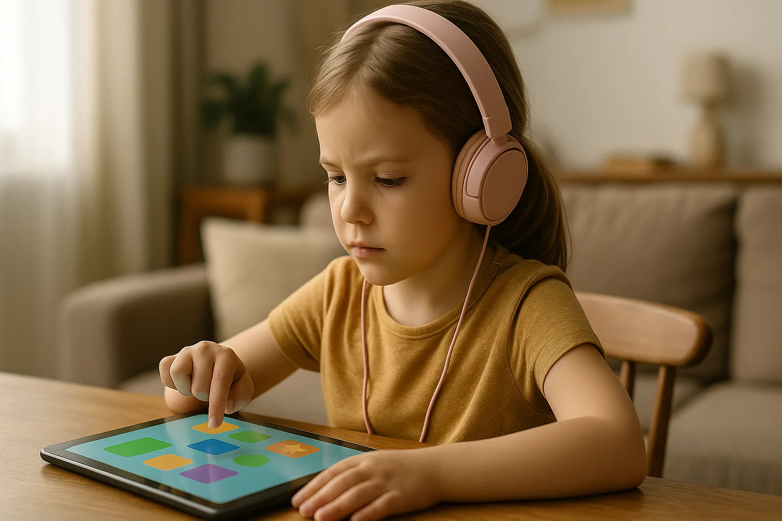 A focused young girl wearing headphones plays an educational game on a tablet, seated upright in a cozy home setting.